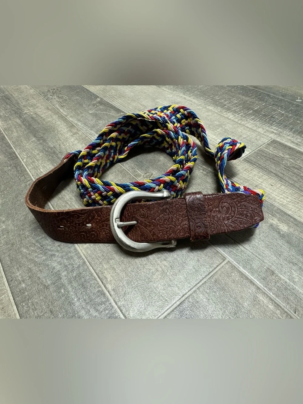 Braided Multicolor Rope & Embossed Brown Genuine Leather Men’s Belt Size 45–55
